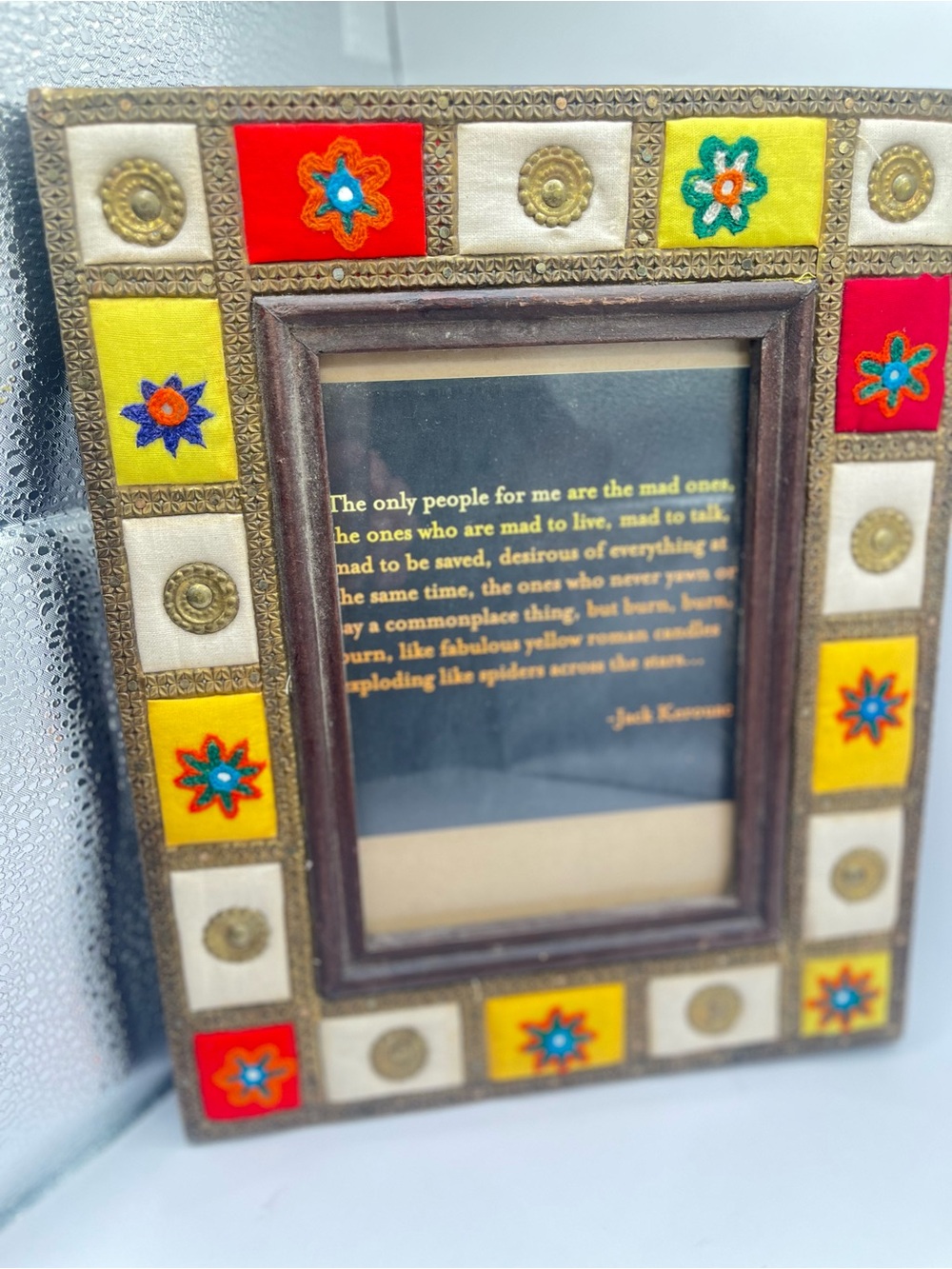 Vintage BOHO Metal and Embroidered Cloth Picture Frame